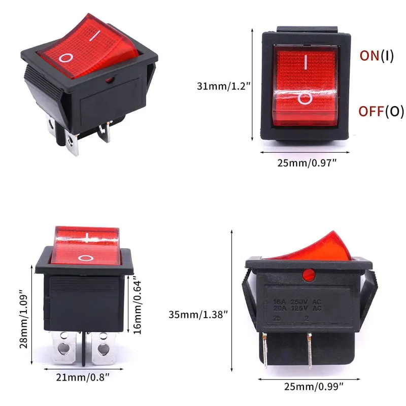 KCD2-201N ON-OFF Rocker Switch DPST 4 Pin 250V 16A – Red KCD2-201N ON-OFF Rocker Switch DPST 4 Pin 250V 16A – Red