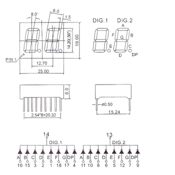 14mm 7-Segment 2 Digit Display Common Cathode 5621AS - RED 14mm 7-Segment 2 Digit Display Common Cathode 5621AS - RED