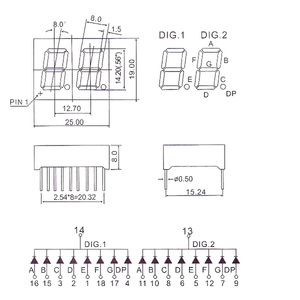 14mm 7-Segment 2 Digit Display Common Cathode 5621AS - RED 14mm 7-Segment 2 Digit Display Common Cathode 5621AS - RED