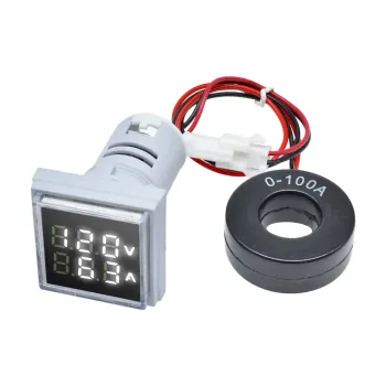 Tensiune AC și Contor de Curent cu Afișaj LED Pătrat Dublu - 60-500 Volți / 100 Amperi - Alb Tensiune AC și Contor de Curent cu Afișaj LED Pătrat Dublu - 60-500 Volți / 100 Amperi - Alb