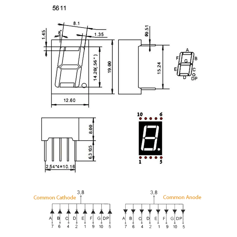 14mm 7-Segment LED Display - Common Anode, 1 Digit, 5611BW (WHITE)