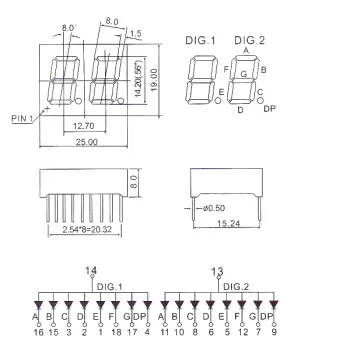 14mm 7-Segment 2 Digit Display Common Anode 5621BS - RED 14mm 7-Segment 2 Digit Display Common Anode 5621BS - RED
