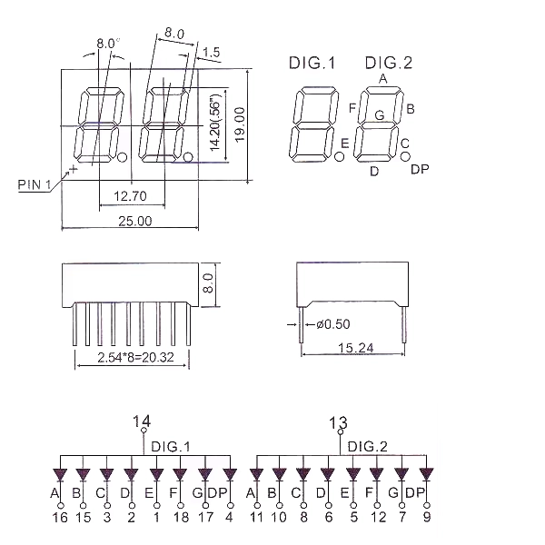 14mm 7-Segment 2 Digit Display Common Anode 5621BS - RED 14mm 7-Segment 2 Digit Display Common Anode 5621BS - RED