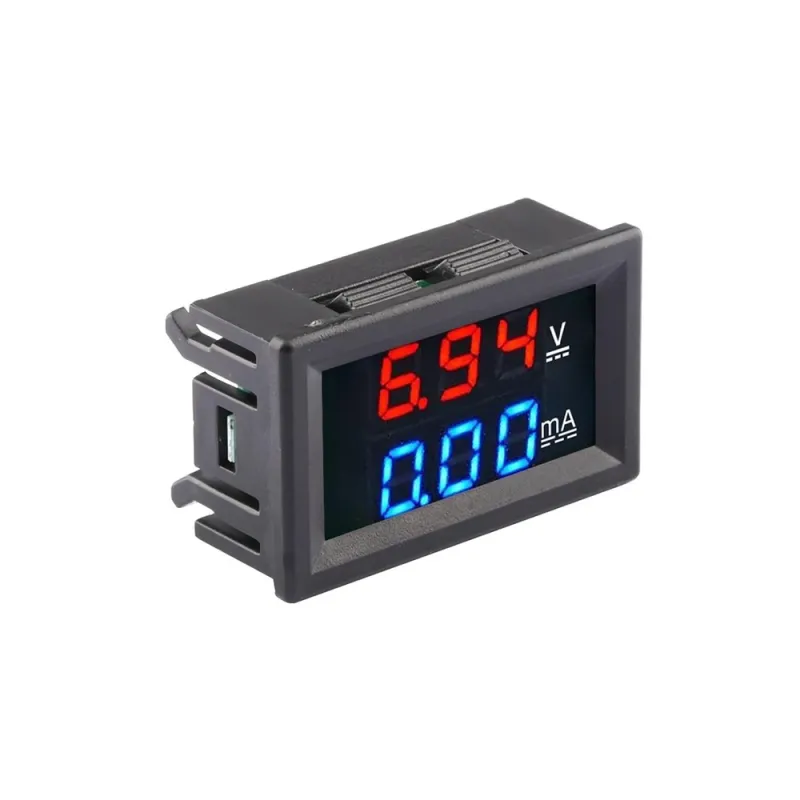 Voltmetru Digital DC 0-100 Volți 10 Amperi - Roșu și Albastru cu Cutie Voltmetru Digital DC 0-100 Volți 10 Amperi - Roșu și Albastru cu Cutie