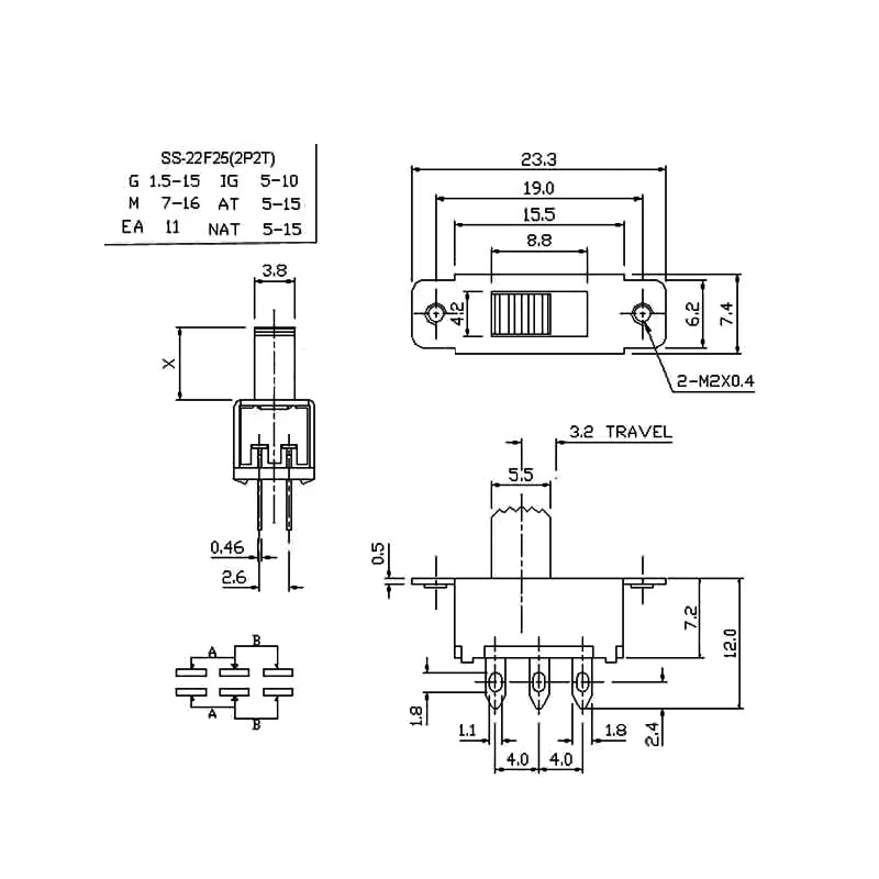SS22F25-G7 Panel Mount Mini Slide Switch 2 Position DPDT 2P2T SS22F25-G7 Panel Mount Mini Slide Switch 2 Position DPDT 2P2T